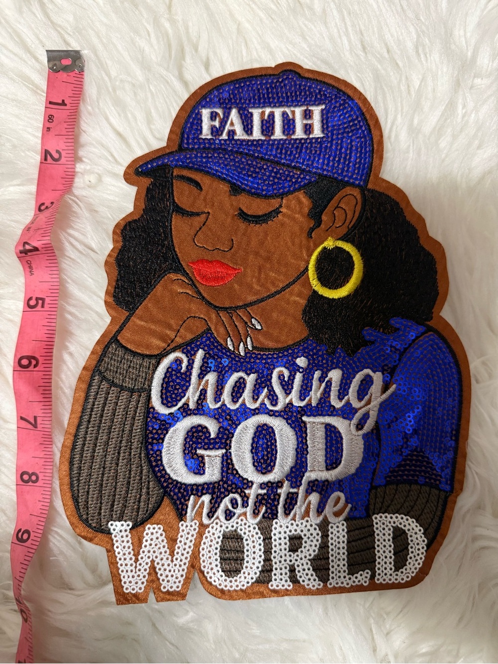 Faith Blue Large Iron on Sequin Patch - Chasing God Not The World